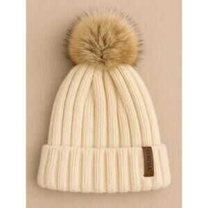 FURTALK Cream Ribbed Knit Beanie Hat Faux Fur Pom Pom Winter Acrylic One Size
